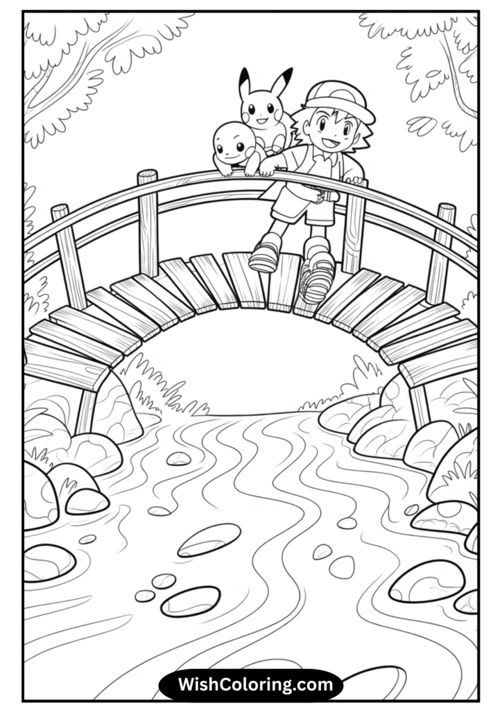 Ash and Pikachu crossing bridge