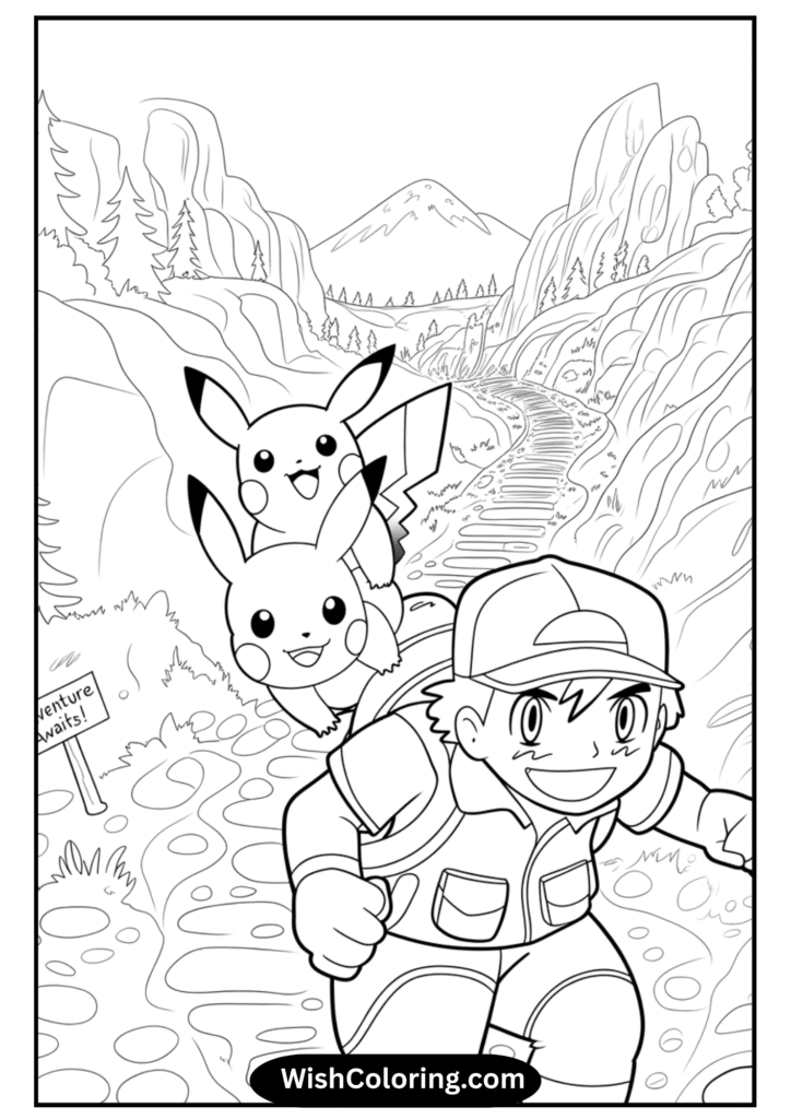 Ash and Pikachu on mountain trail
