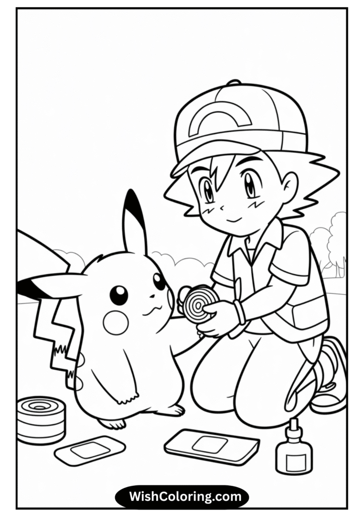 Ash bandaging injured Pikachu