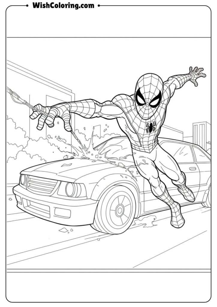 Spiderman stopping a speeding car